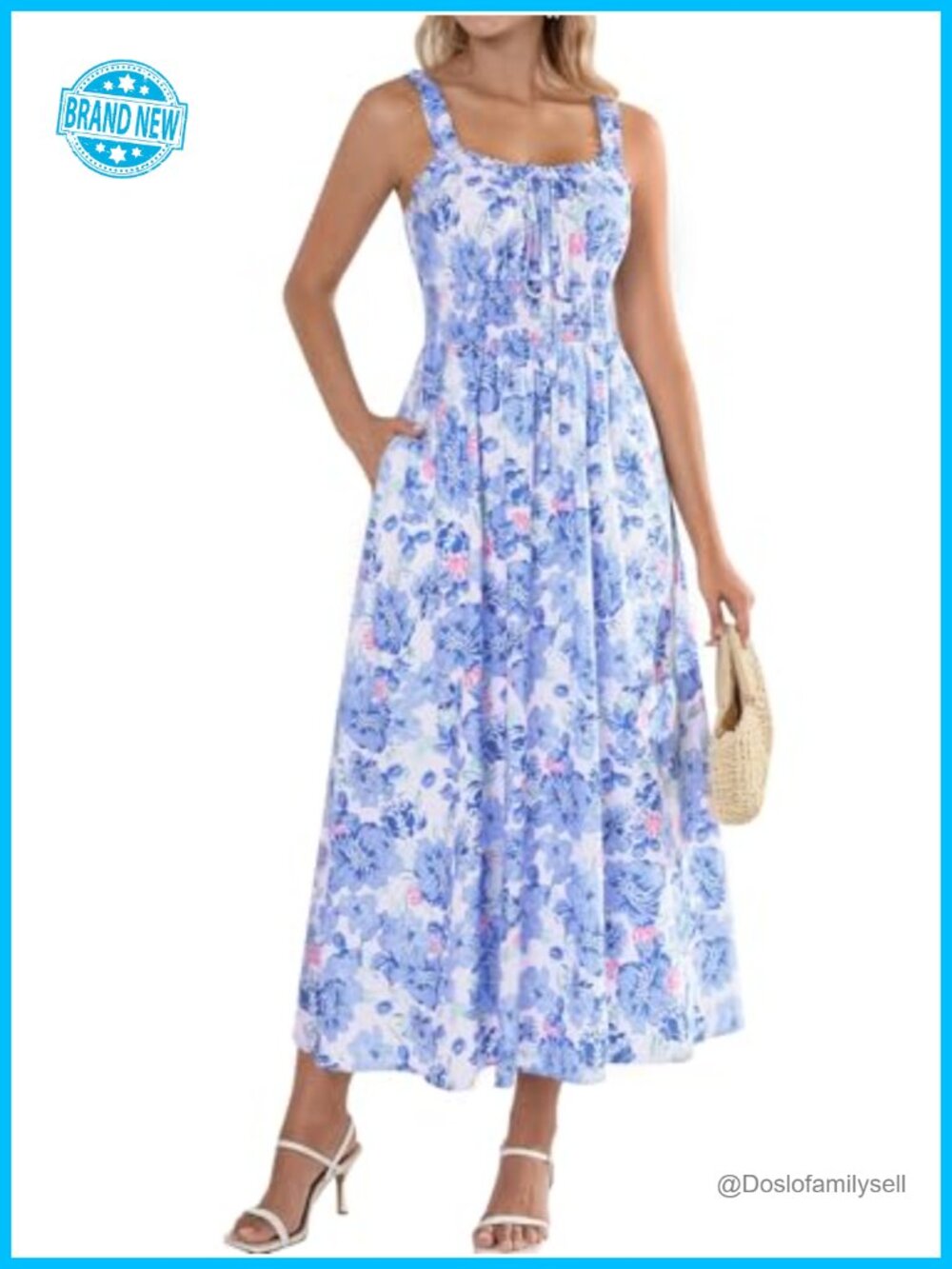 Women's Floral Midi Dress Square Neck Smocked Sleeveless A-Line Sundress with
